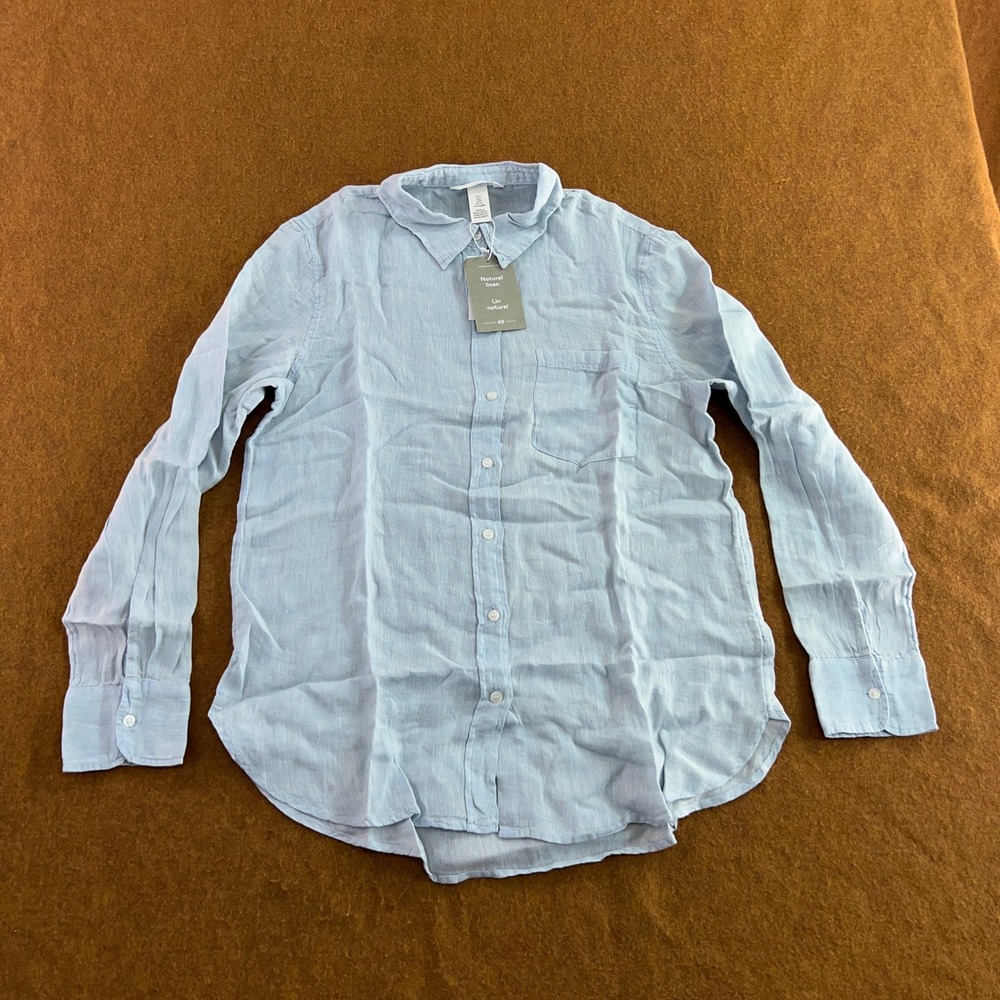 H&M Women Small Blue 100% Natural Linen Long Sleeve Button Up Shirt NWT